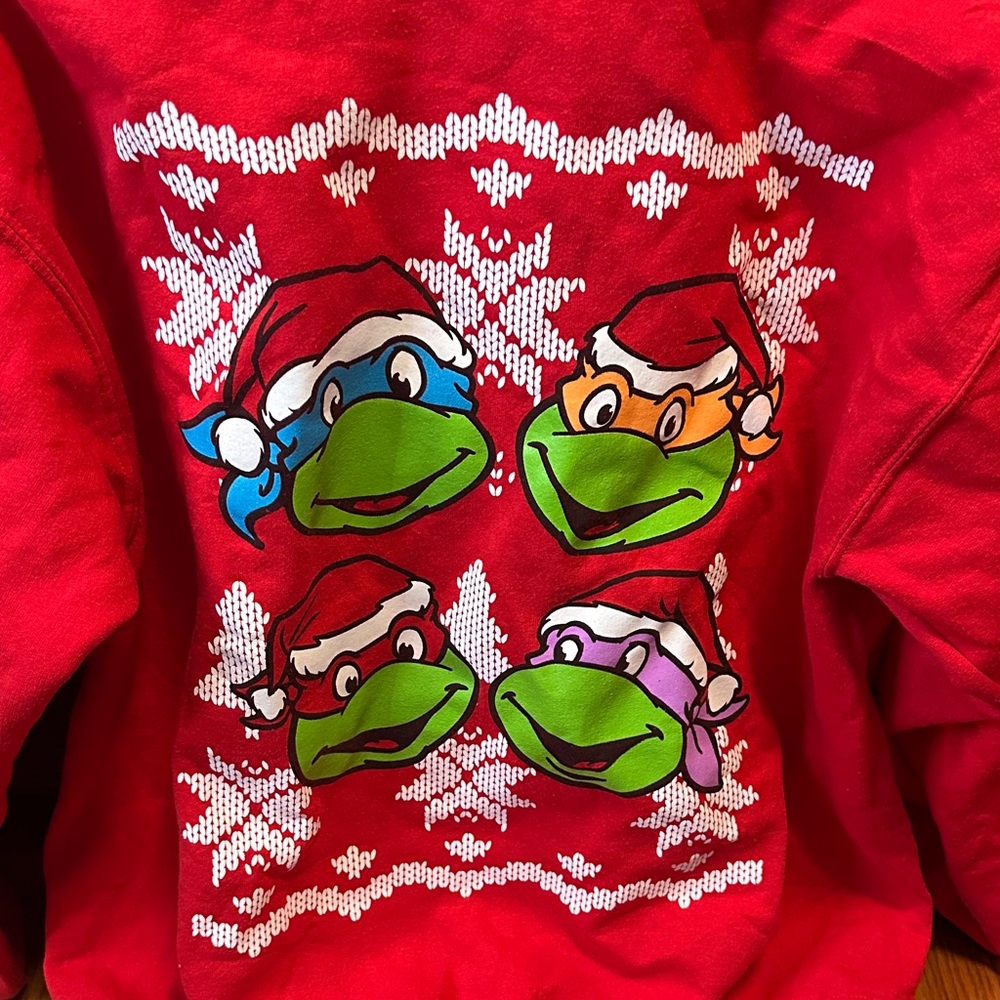 Men’sTeenage Mutant Ninja Turtles Red Holiday Sweatshirt with Cartoon Characters - Picture 3 of 4